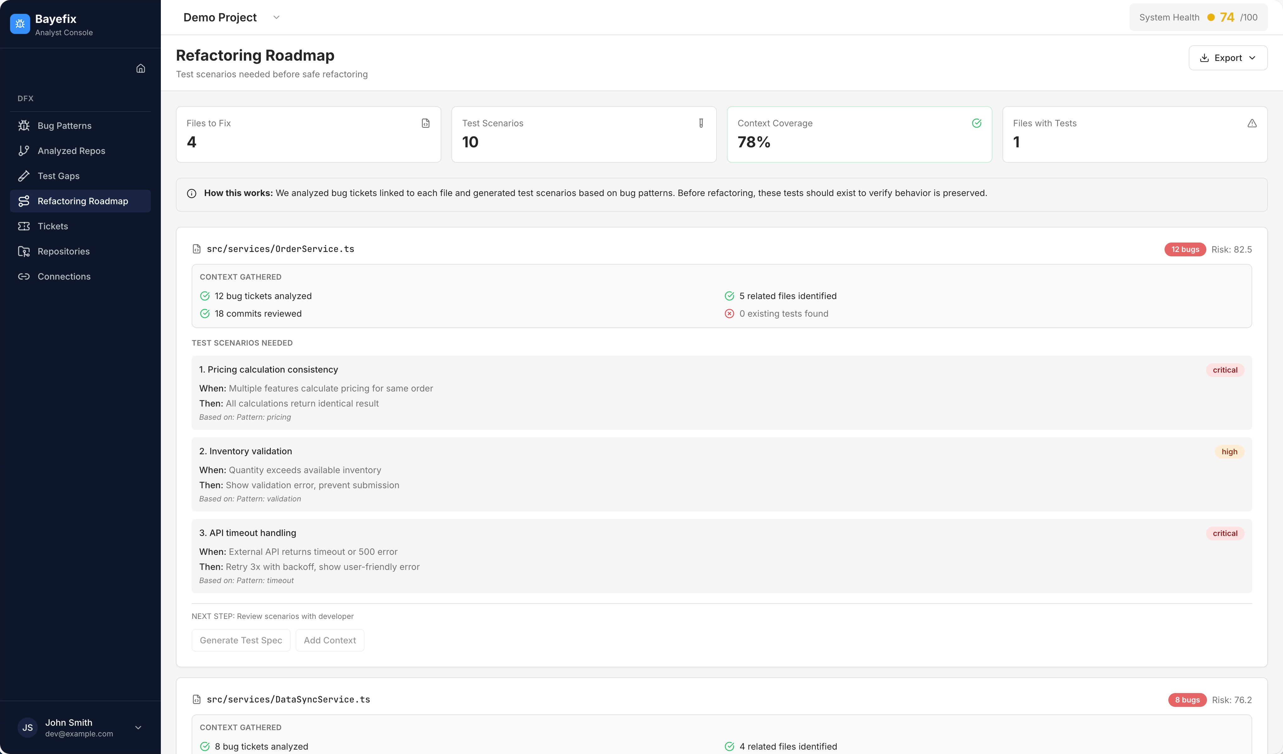 Bayefix Assessment Dashboard showing Kill Zone matrix, ticket-to-file mapping, and prioritized remediation roadmap