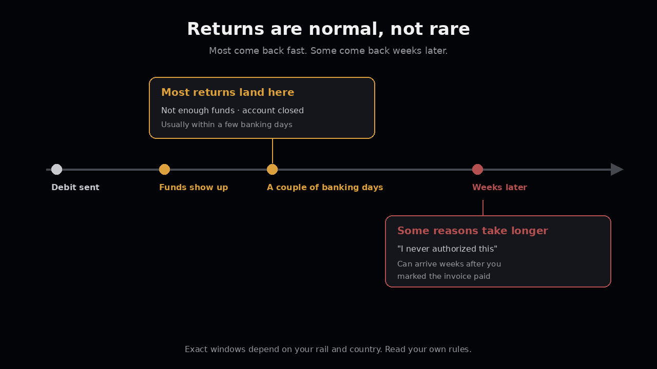 Timeline: most returns land within a few banking days, some like unauthorized come back weeks later