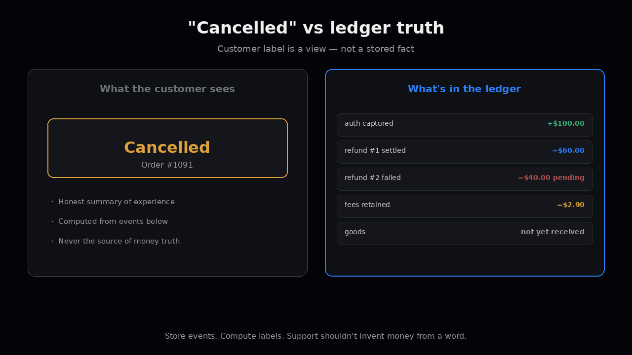 Cancelled vs ledger truth — customer label vs ledger rows
