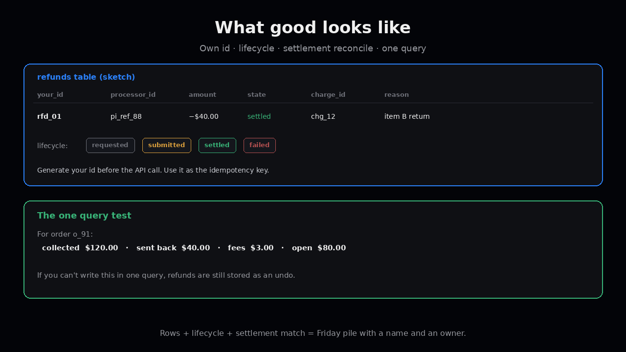 What good looks like — refunds table and one query test
