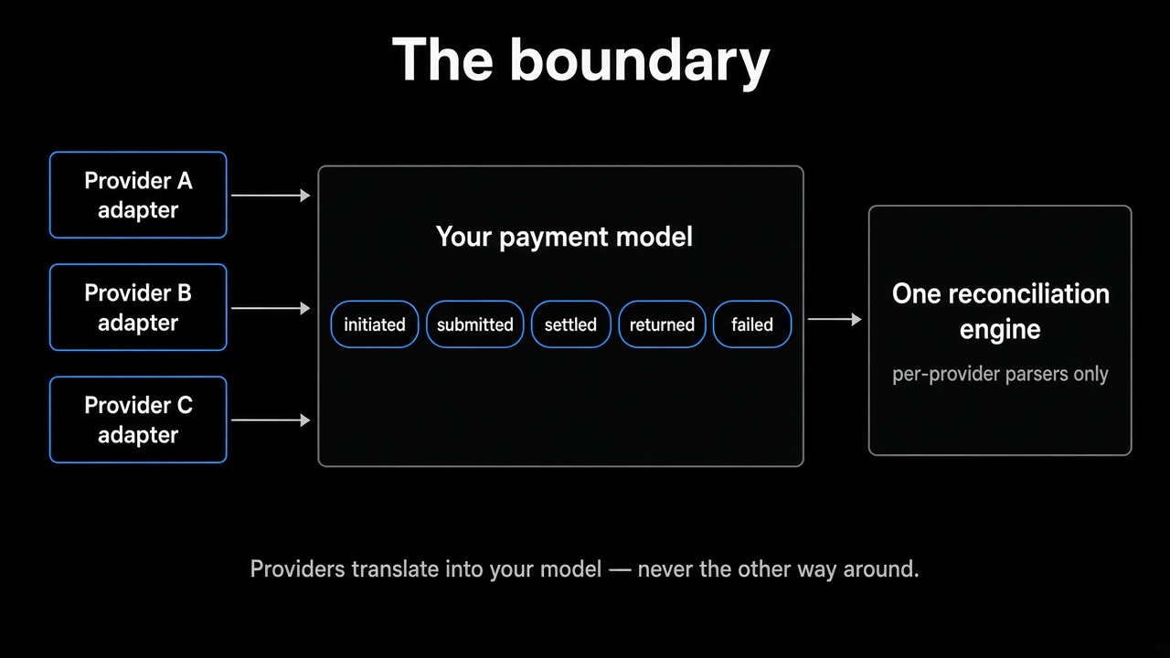 The boundary — adapters into your payment model