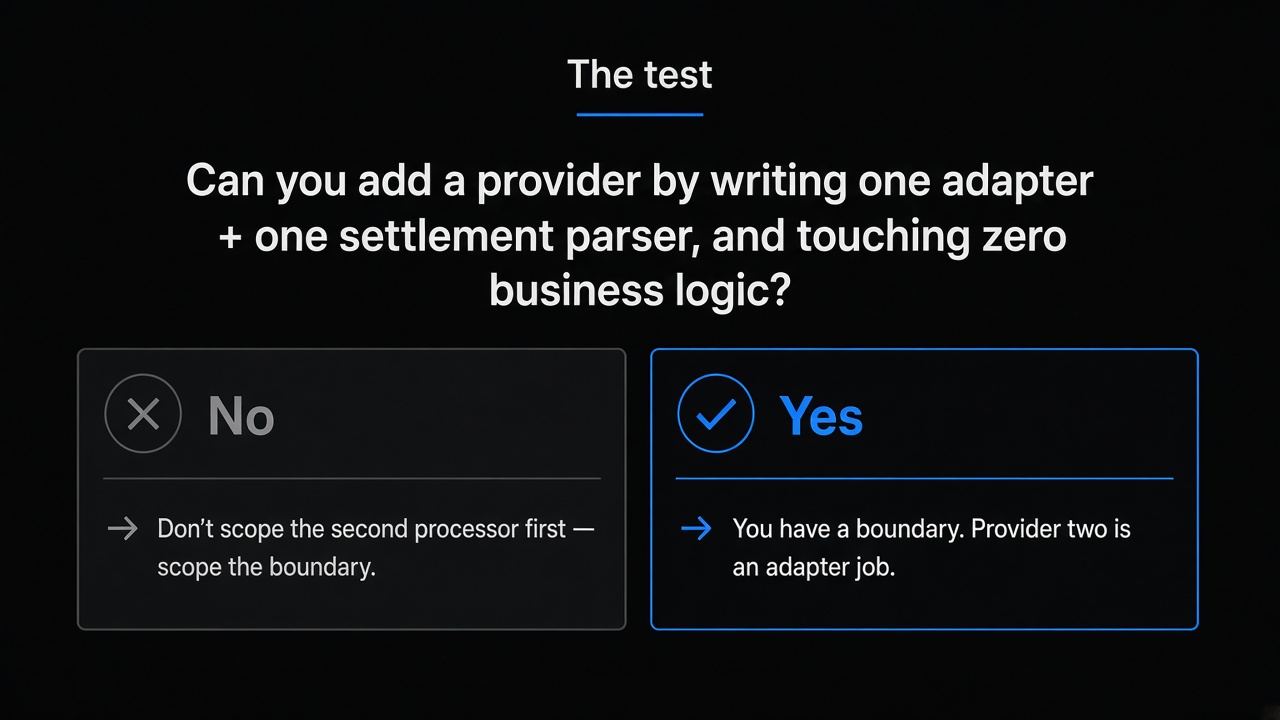 The test — one adapter + one parser, zero business logic