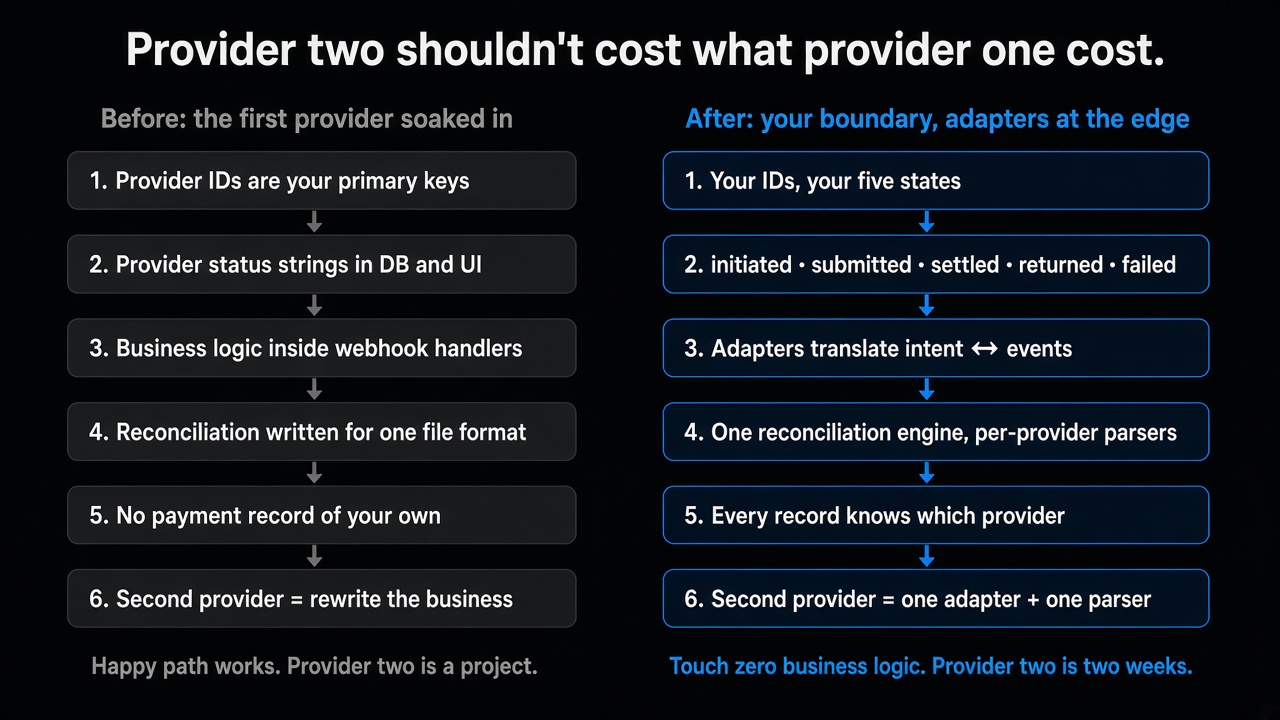 Provider two shouldn't cost what provider one cost — before: first provider soaked in vs after: your payment boundary + adapters